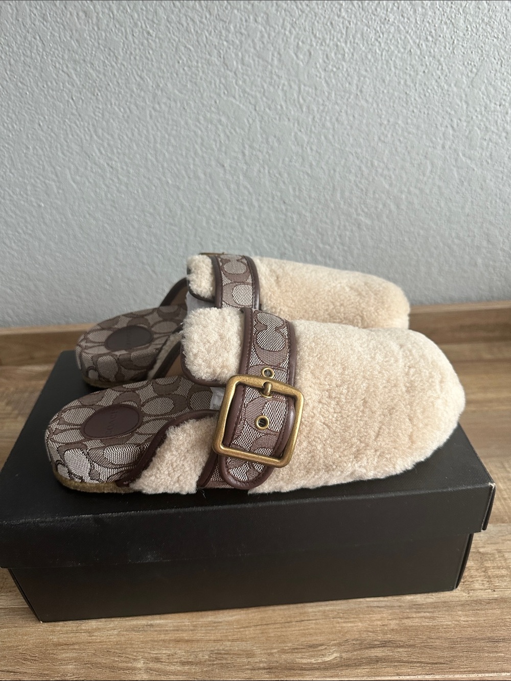 Coach Cream Shearling Clogs with Brown Signature Strap - Picture 2 of 6